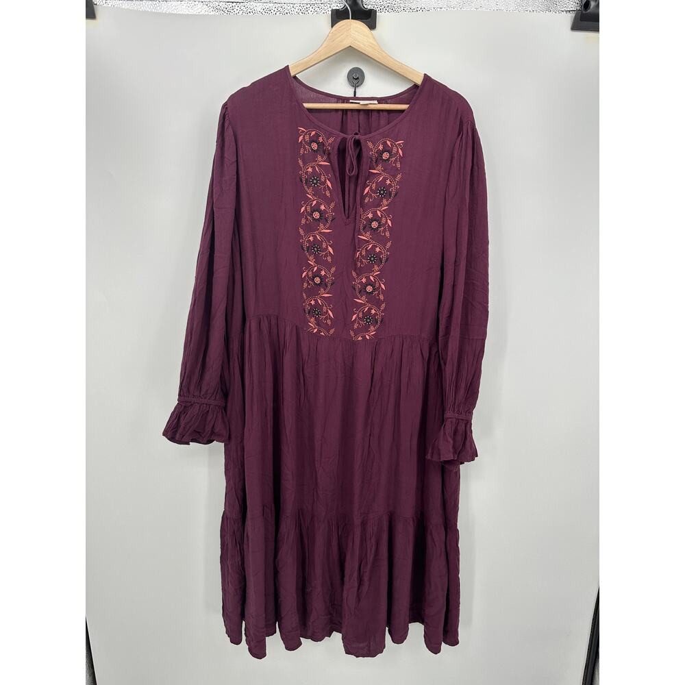 Knox Rose Midi Dress Size 2X Burgundy Embroidery Boho Peasant Fall Cottagecore